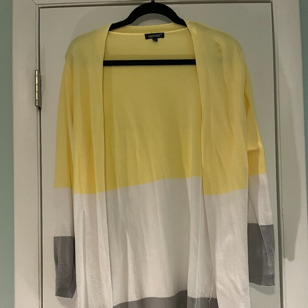 CARDYDONY Long Open-Front Color Block Cardigan - Yellow/White/Grey - Small